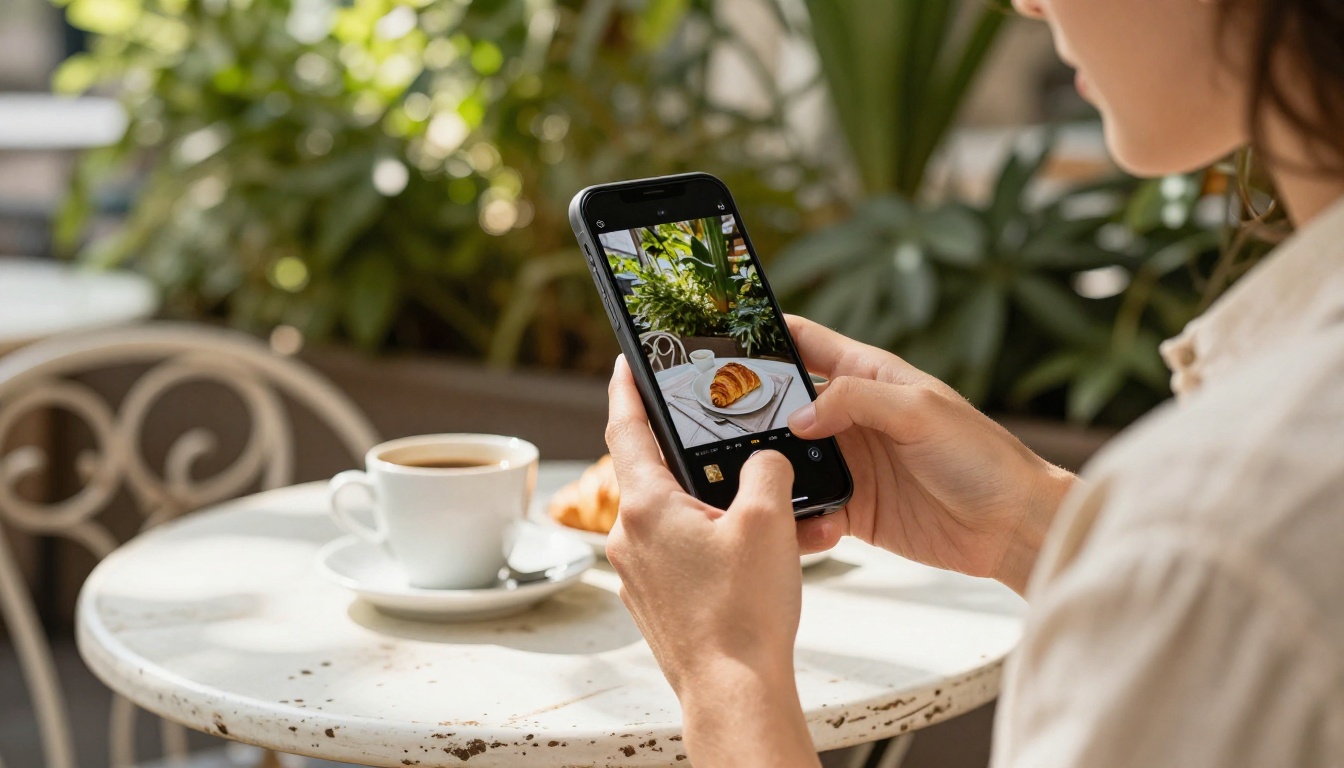 Person at sunny outdoor cafe browsing recipe flipbook on smartphone