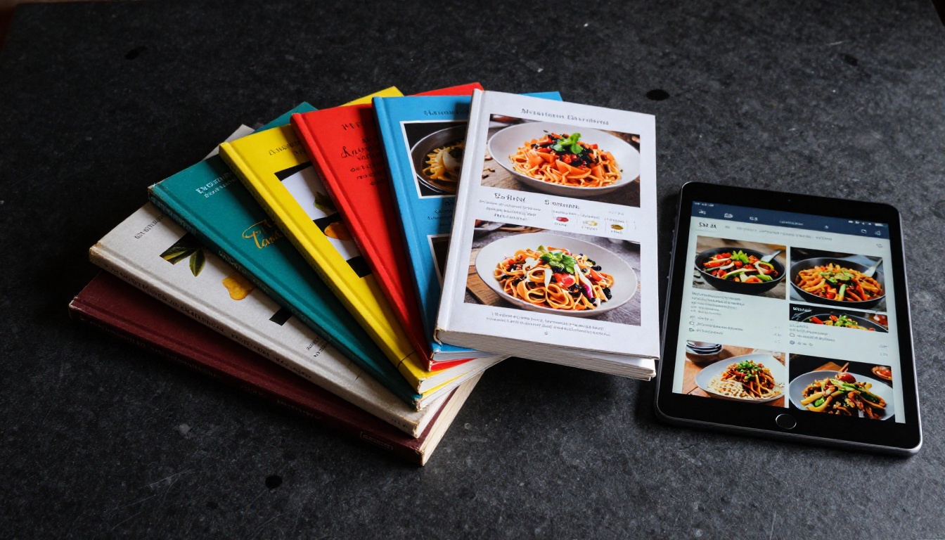 Stack of colorful recipe books on dark counter beside tablet showing unified digital flipbook