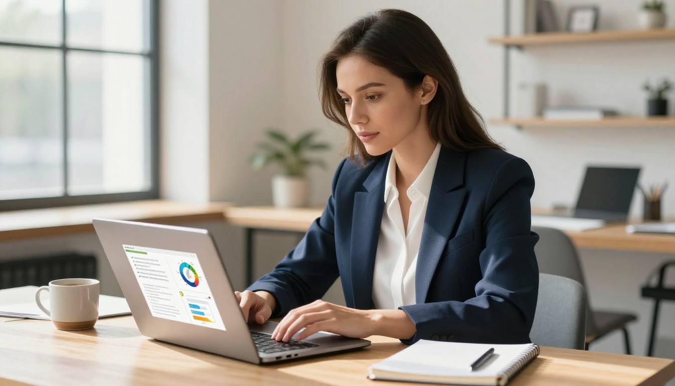 Confident professional woman in navy blazer reviewing a business proposal on her laptop at a bright co-working space
