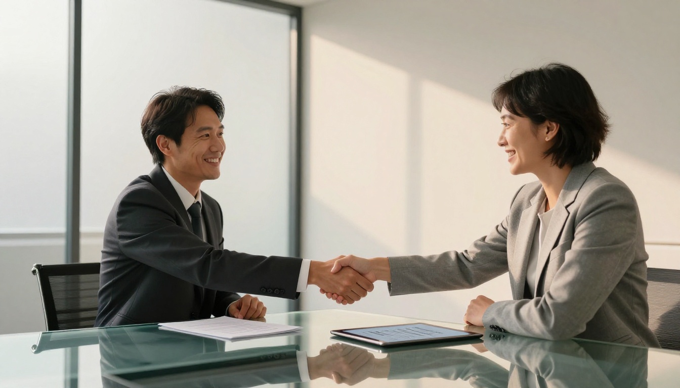 Two business professionals shaking hands across a glass conference table after a successful proposal deal, signed contract visible on the table Two business professionals shaking hands across a glass conference table after a successful proposal deal, signed contract visible on the table