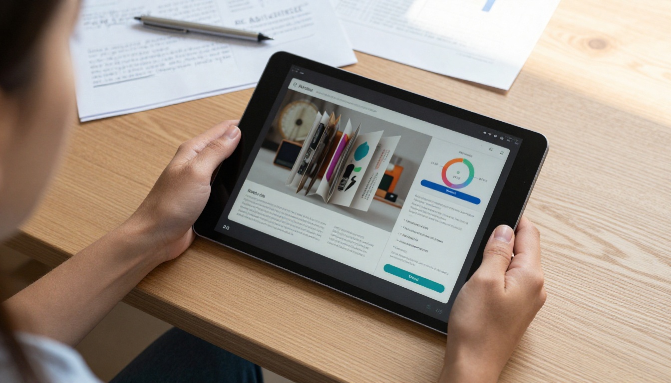 Close-up overhead shot of hands holding a tablet displaying a beautifully designed interactive digital flipbook proposal