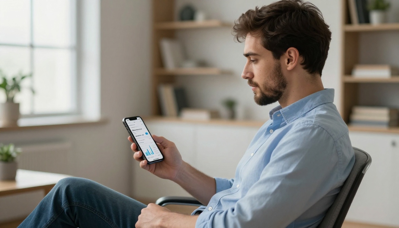 Young professional man checking proposal open rates and interaction data on his smartphone in a home office