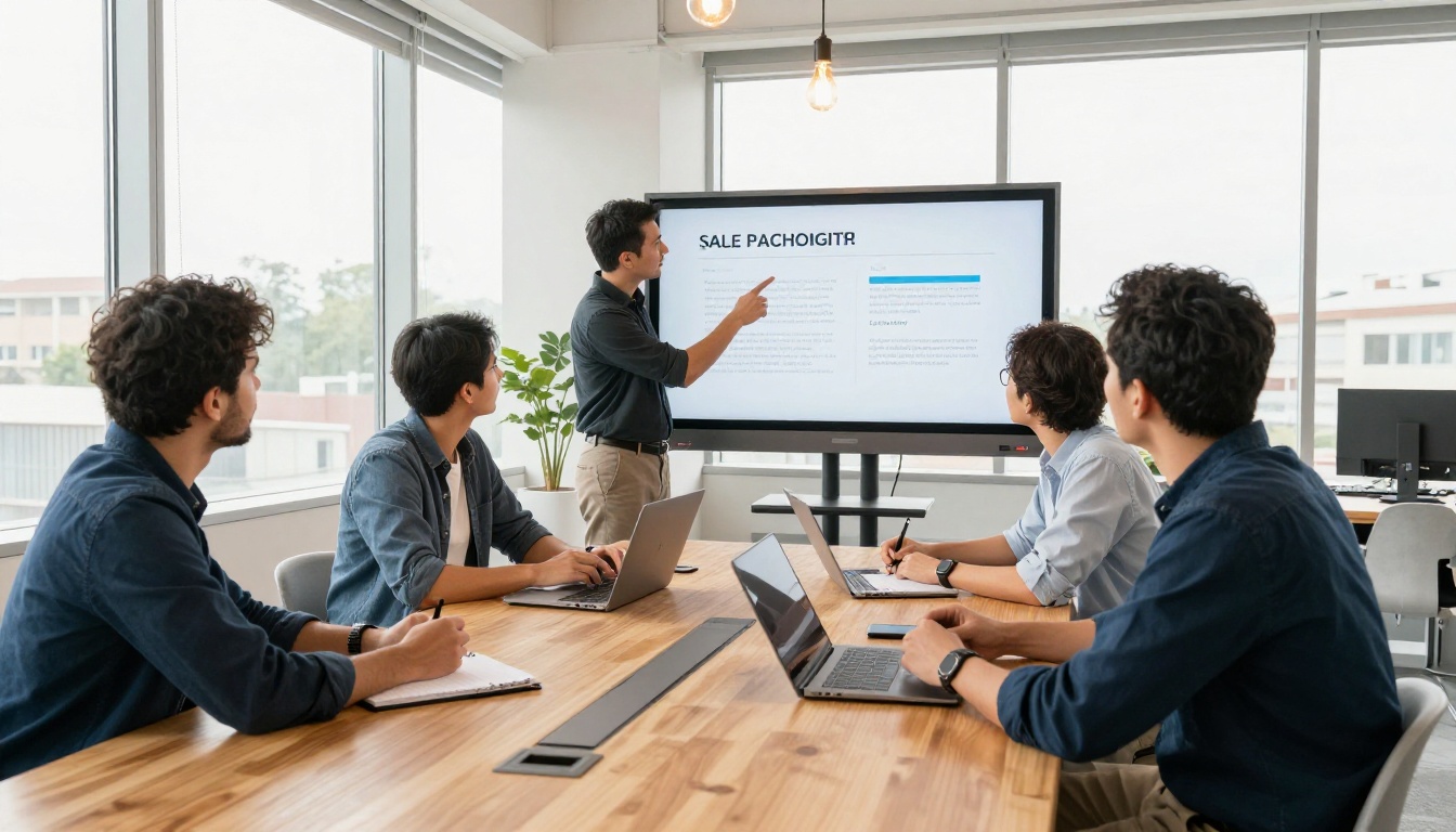 Diverse business team gathered around a conference table reviewing a sales proposal on a large monitor