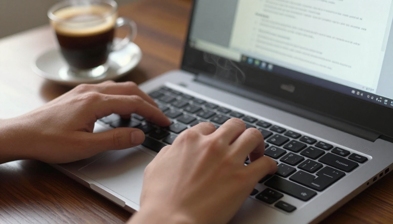Close-up of hands typing a business proposal on a mechanical keyboard with a steaming espresso cup nearby on a dark walnut desk Close-up of hands typing a business proposal on a mechanical keyboard with a steaming espresso cup nearby on a dark walnut desk