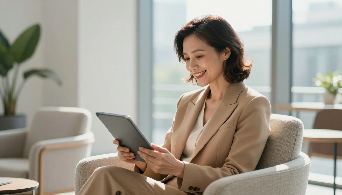 Elegant female client smiling warmly while reading a digital proposal on her tablet in a bright modern office lobby Elegant female client smiling warmly while reading a digital proposal on her tablet in a bright modern office lobby