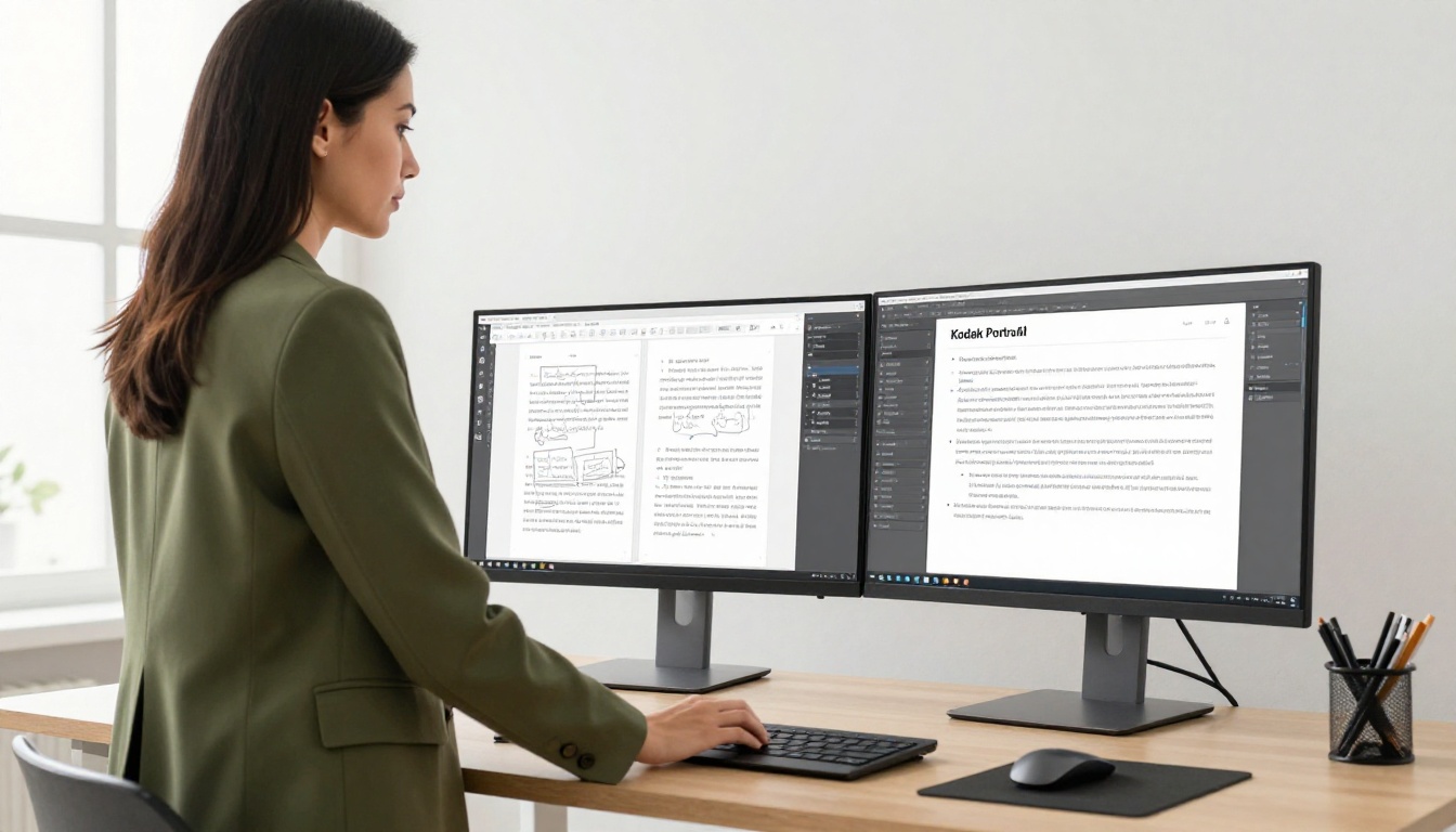 Professional woman at a standing desk comparing an old cluttered PDF proposal with a modern interactive flipbook on her monitor