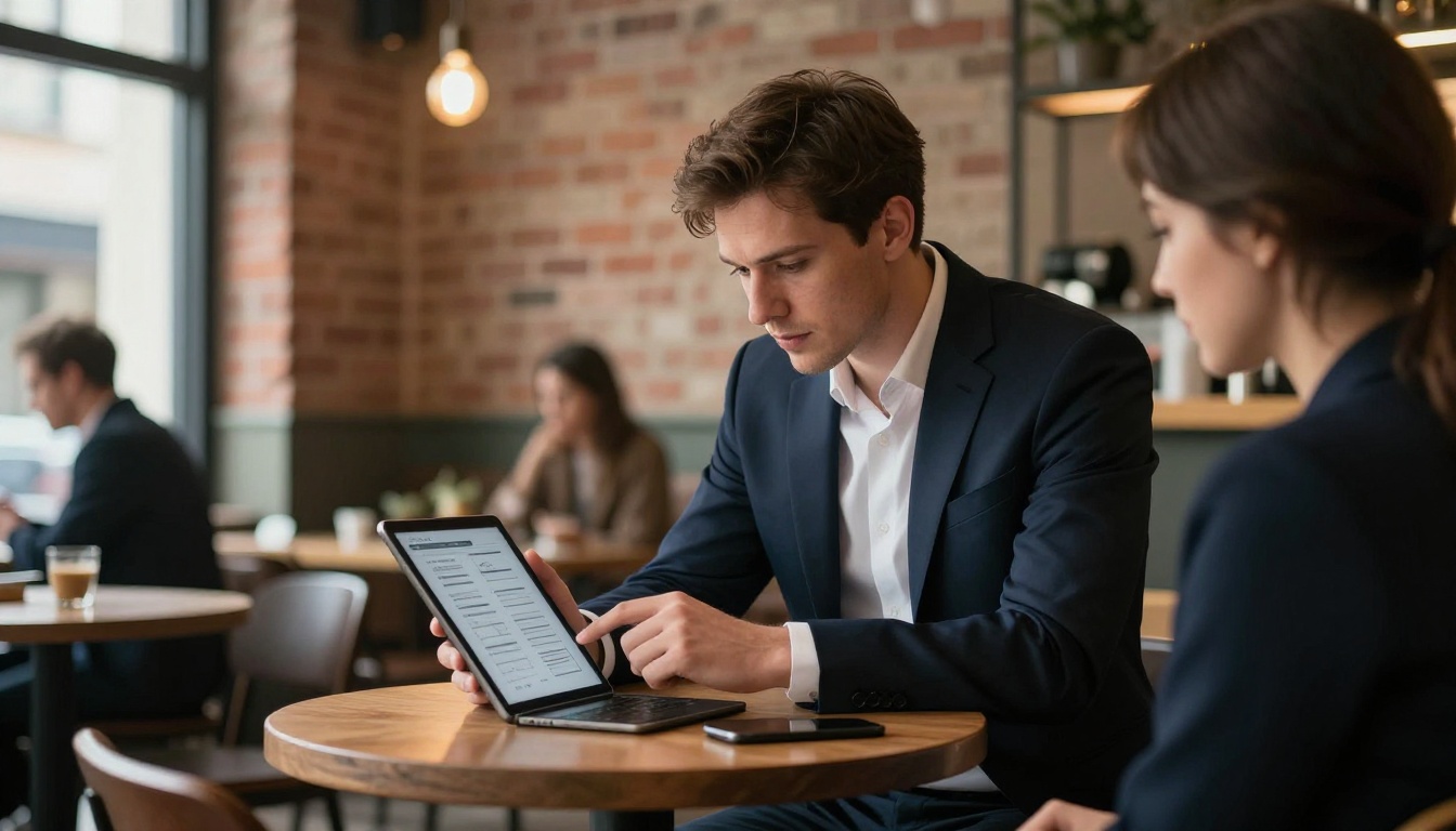 Sales professional and client reviewing a proposal together at a stylish upscale cafe, both leaning over a tablet Sales professional and client reviewing a proposal together at a stylish upscale cafe, both leaning over a tablet