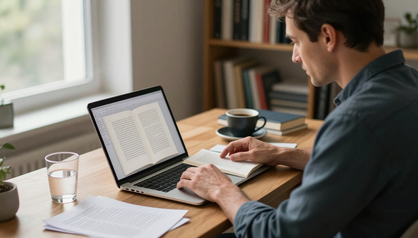 Author at desk reviewing digital book samples on laptop