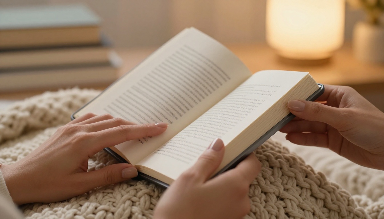 Hands holding tablet showing open book flipbook in warm reading nook Hands holding tablet showing open book flipbook in warm reading nook