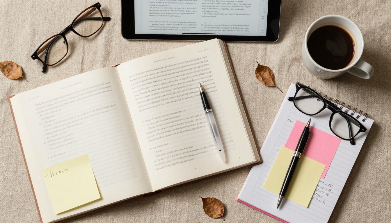 Overhead flat lay of author workspace with open book and tablet