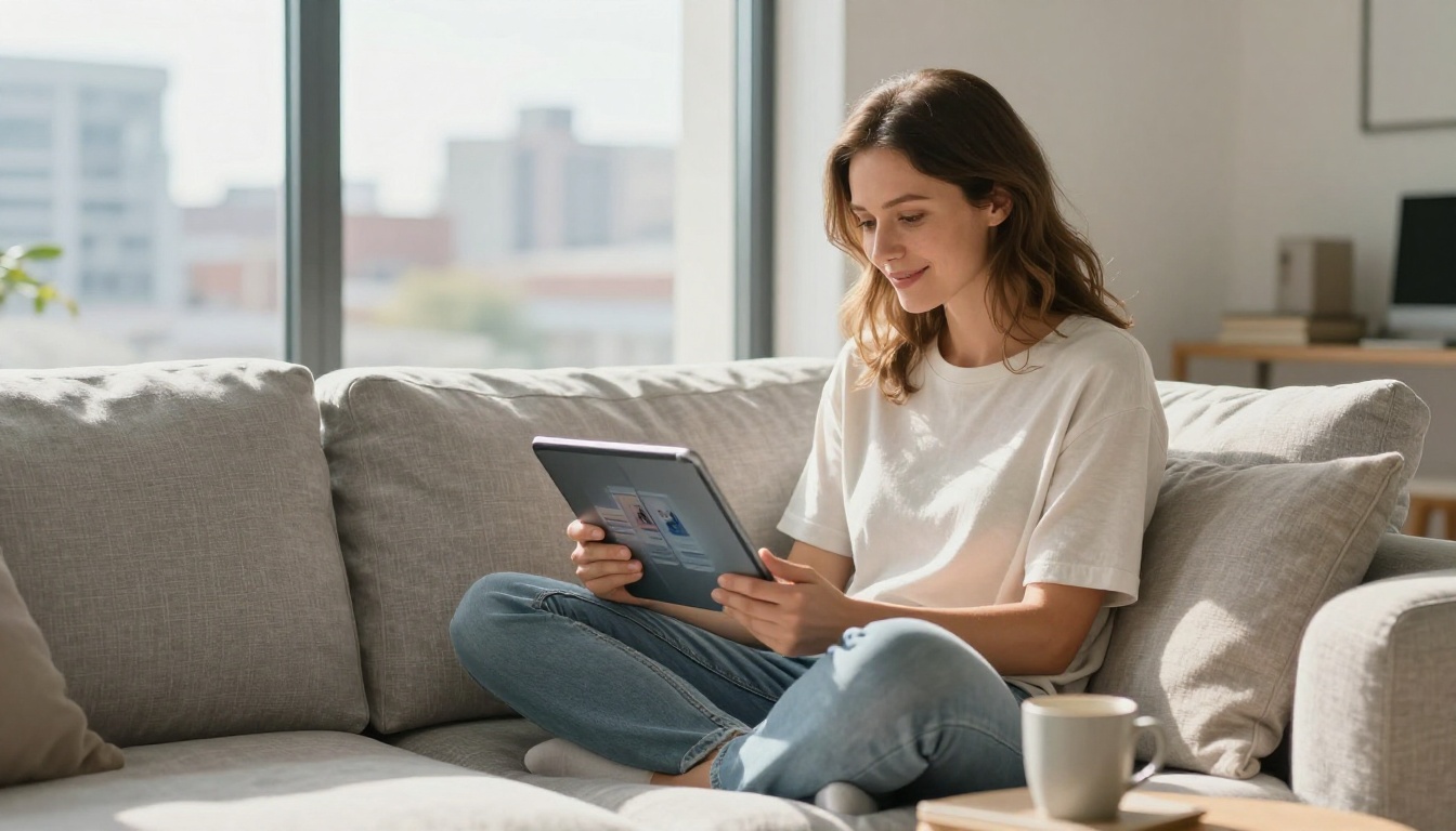 Woman reading book flipbook on tablet on cozy sofa