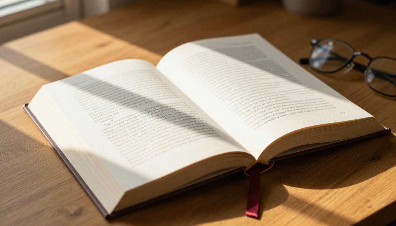 Open book with pages fanned showing beautiful morning light and shadow patterns