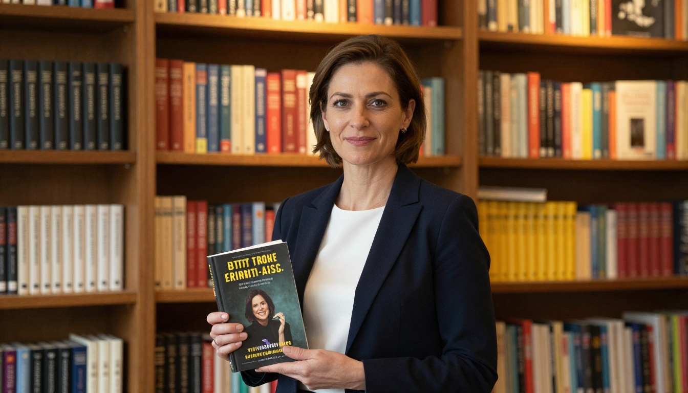 Confident author holding her published book in front of bookshelves