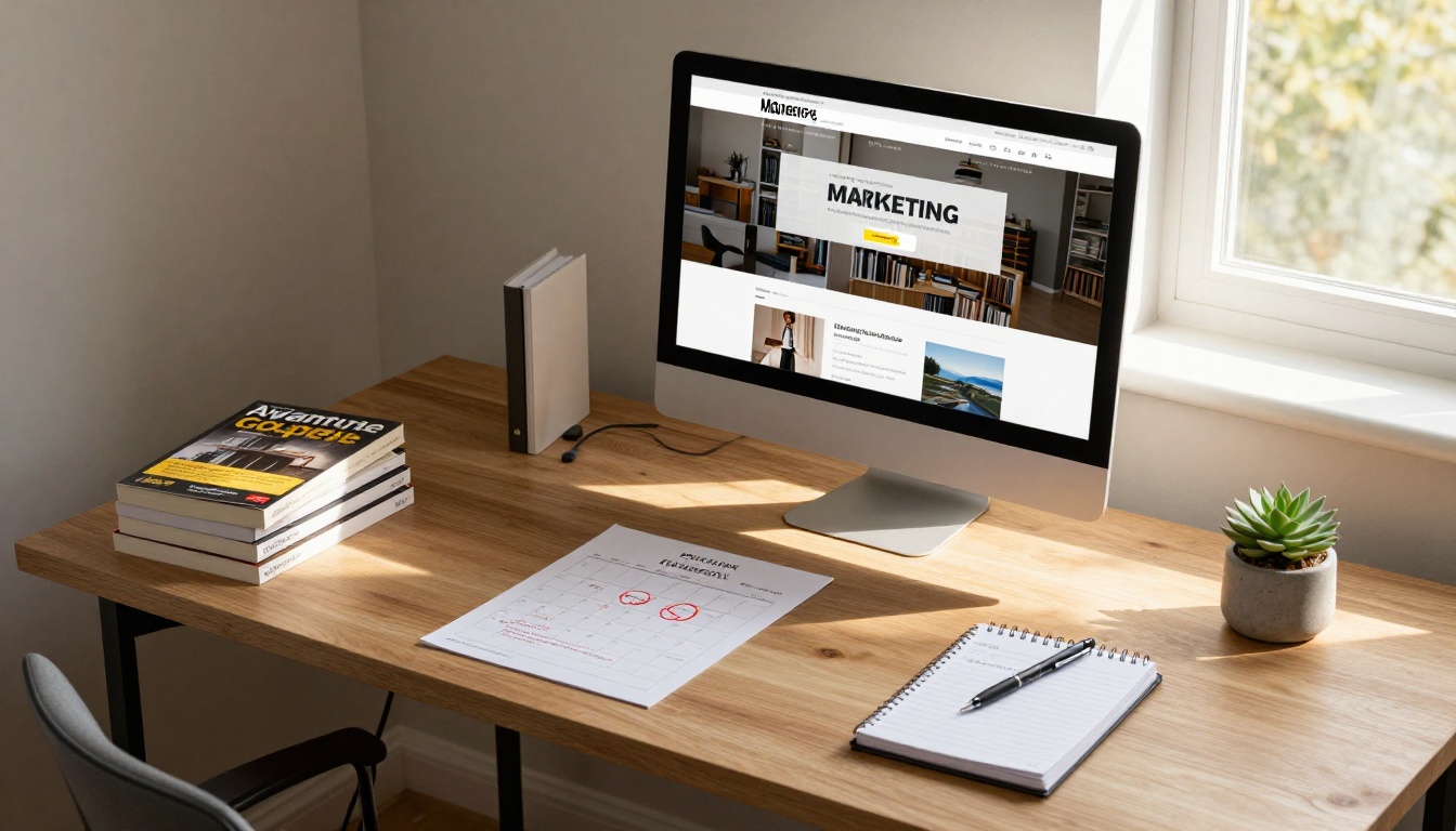 Author's home office with book marketing website showing embedded flipbook on monitor Author's home office with book marketing website showing embedded flipbook on monitor