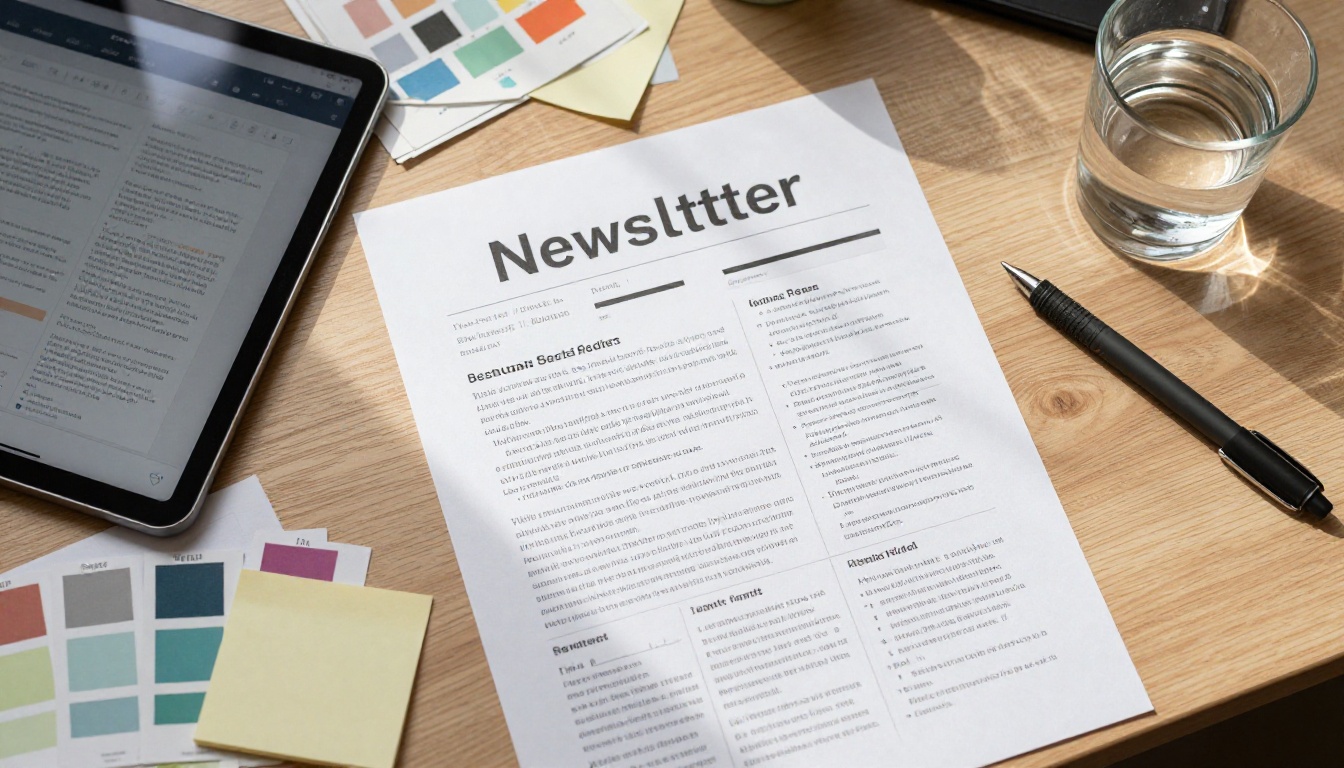 Creative newsletter workspace with printed newsletter pages and digital flipbook interface on tablet