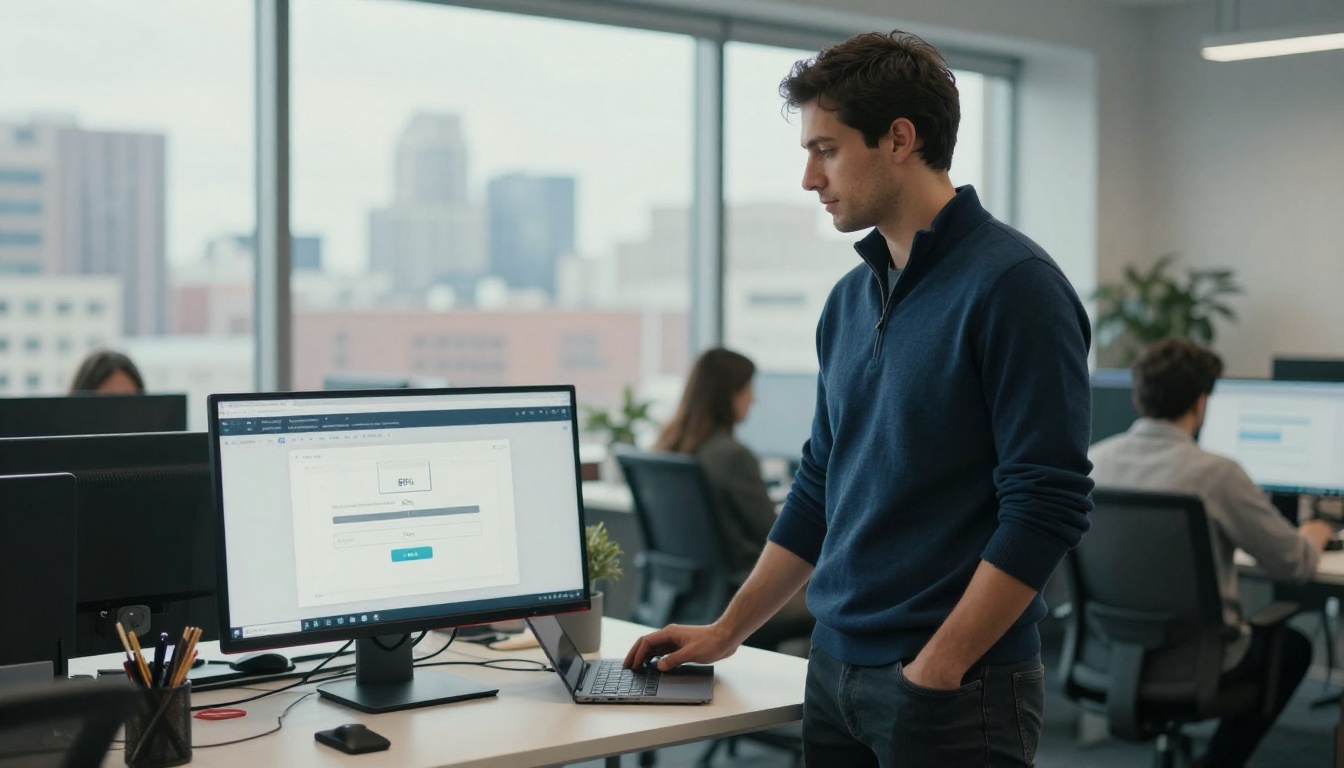 Man uploading newsletter PDF to a browser-based flipbook platform at a standing desk in a modern office