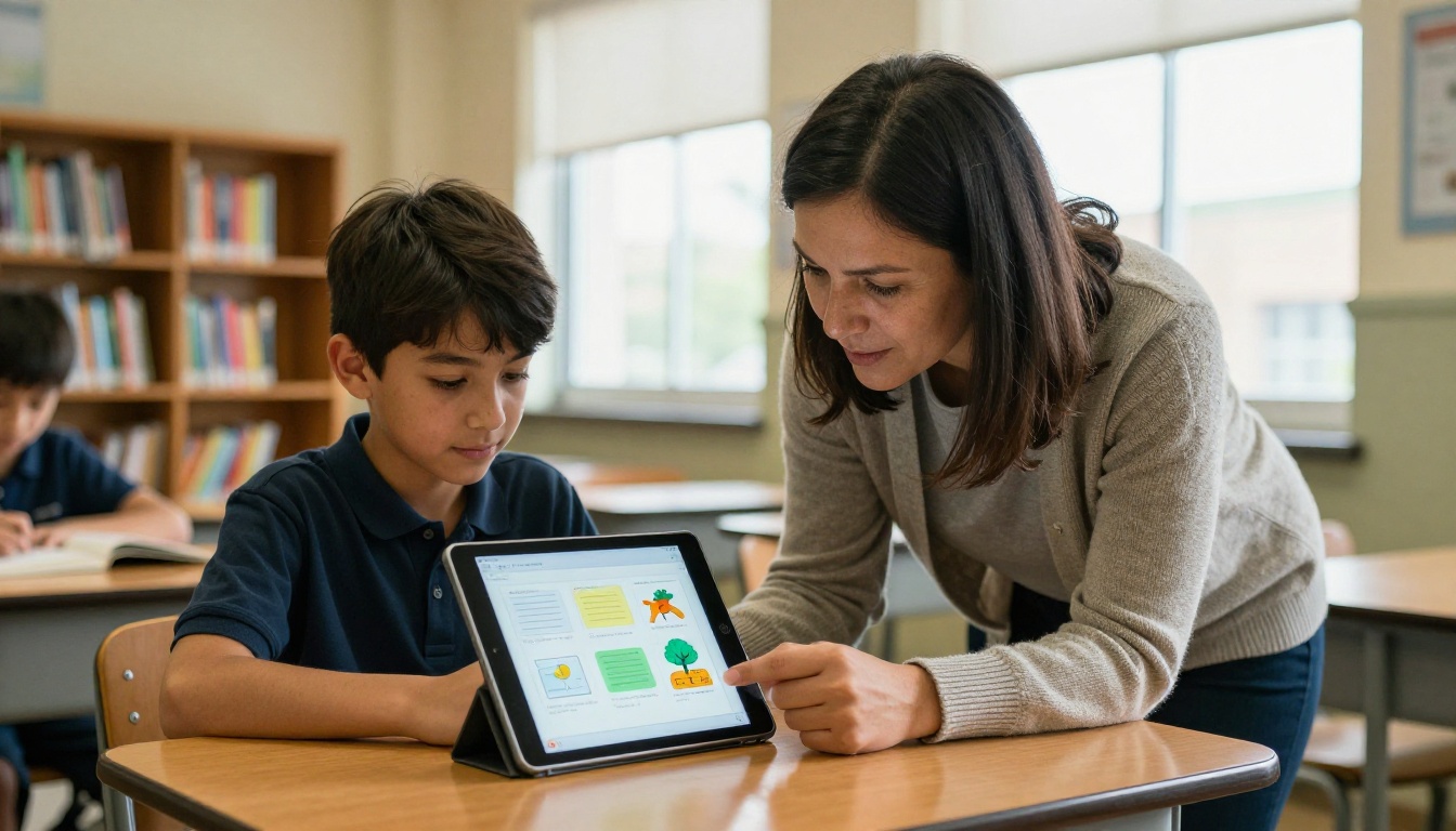 A student presenting their digital flipbook project to a teacher