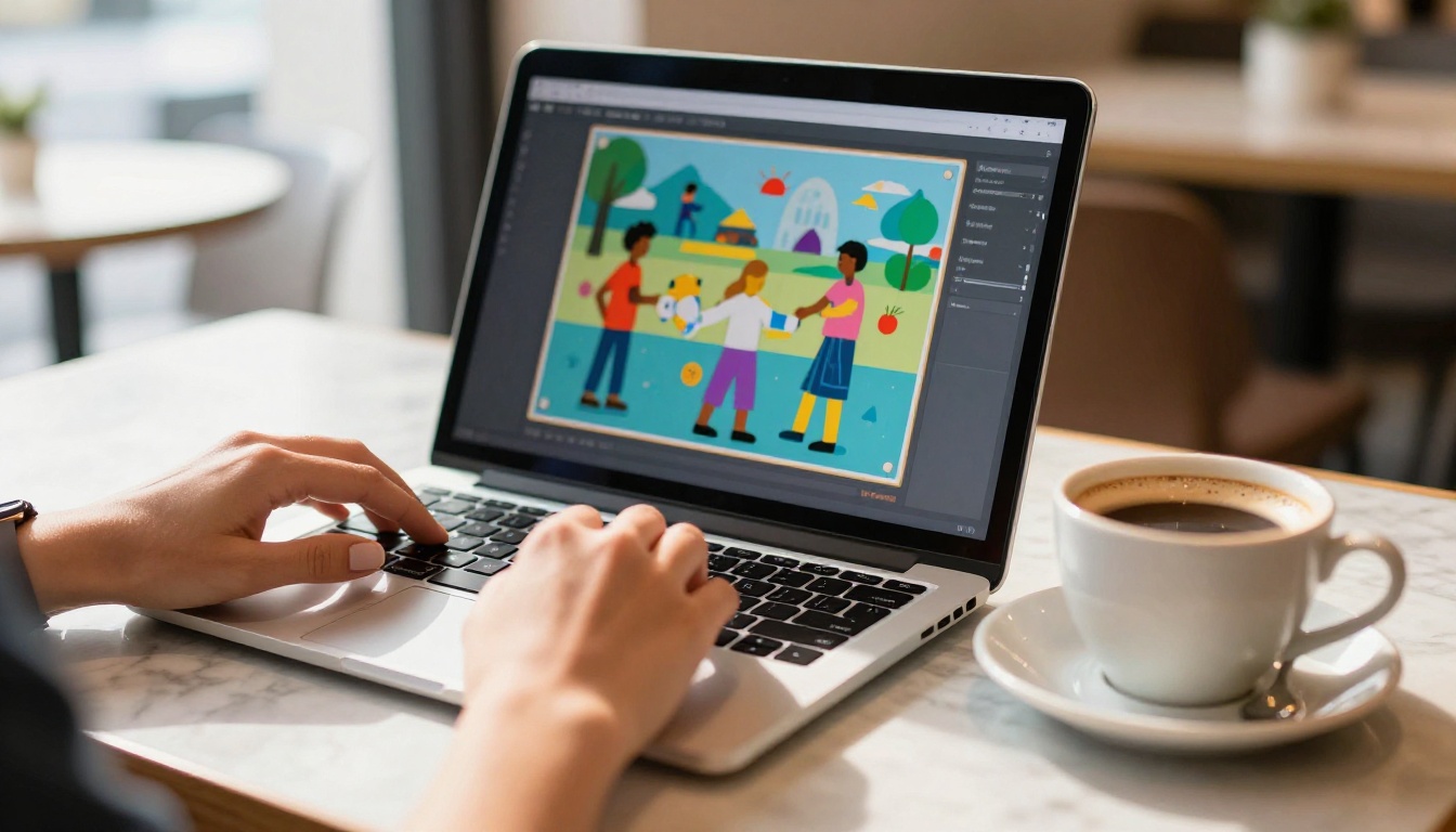 Woman's hands on a laptop keyboard in a bright cafe with a digital flipbook page-flip on screen Woman's hands on a laptop keyboard in a bright cafe with a digital flipbook page-flip on screen