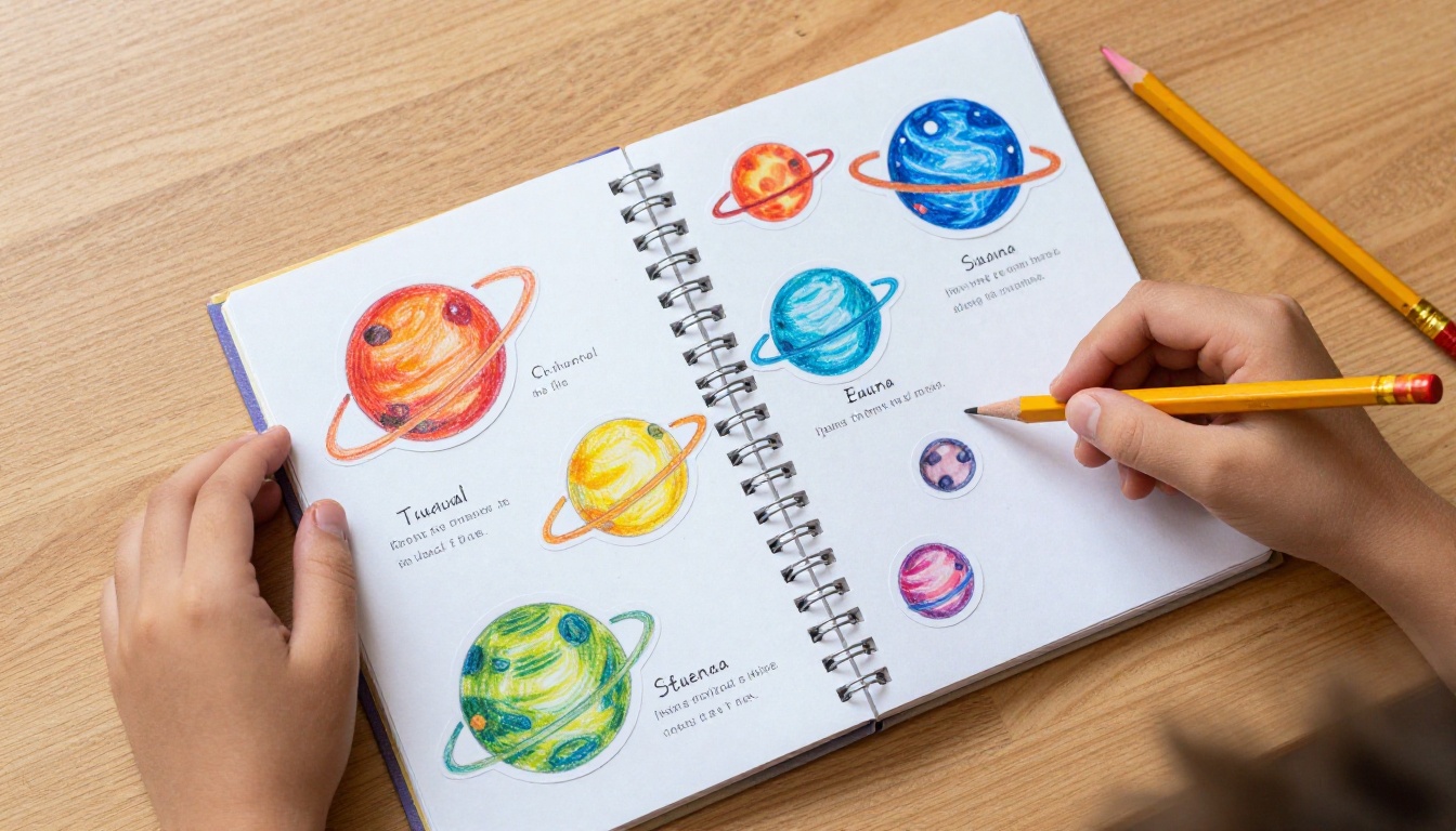 Close-up of a child's hands holding a solar system school project flipbook