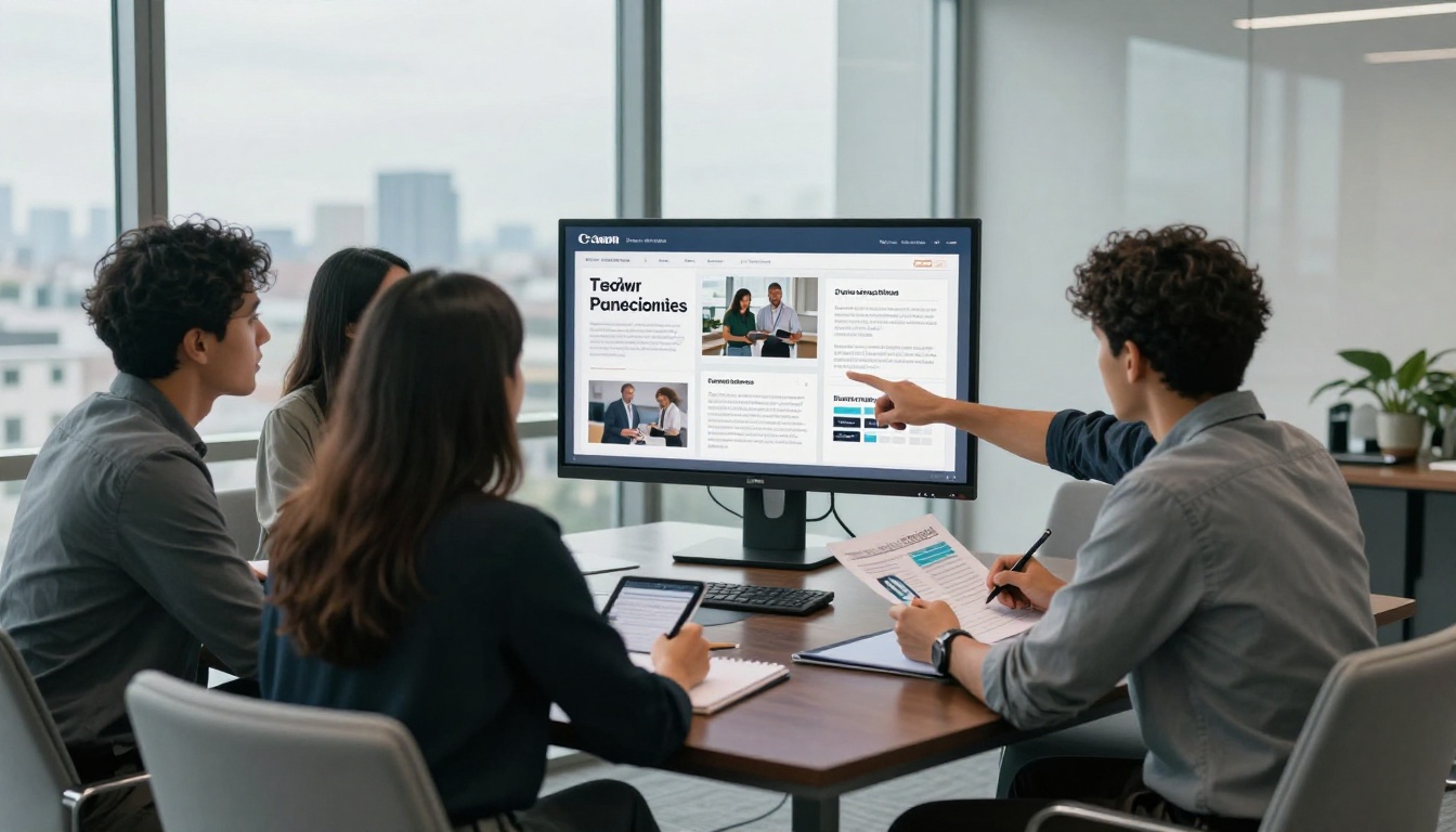 Marketing team of three professionals reviewing newsletter flipbook analytics on a conference room monitor Marketing team of three professionals reviewing newsletter flipbook analytics on a conference room monitor