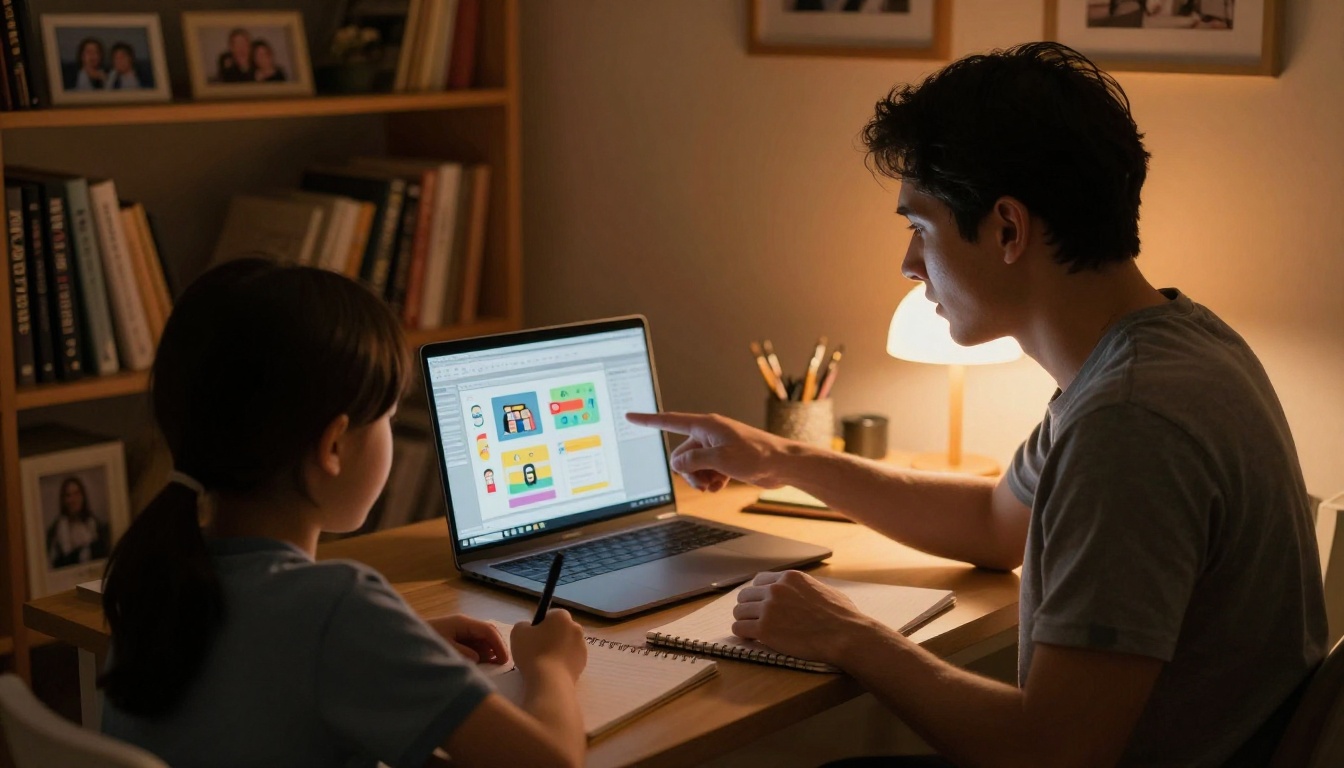 A parent and child working together on a school project at a laptop