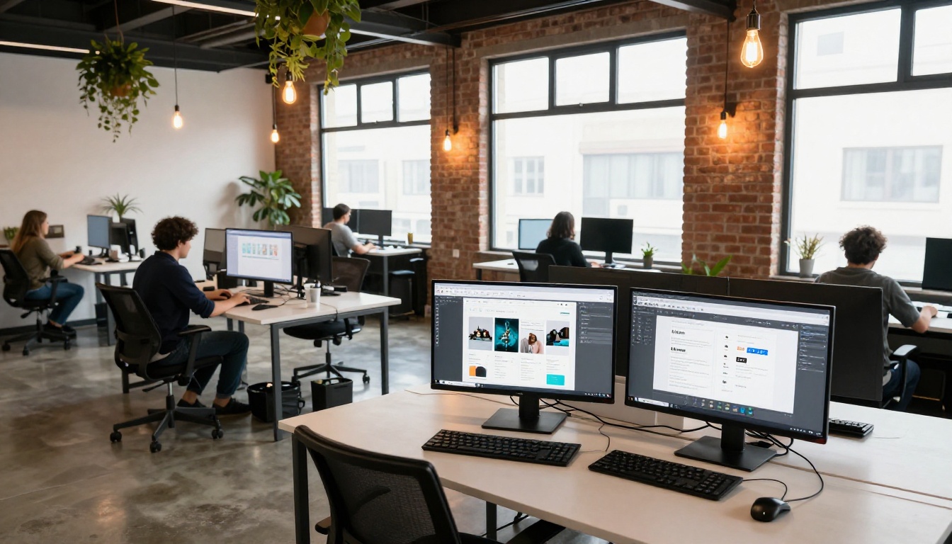 Creative agency open workspace with multiple designers at workstations converting newsletters to flipbooks
