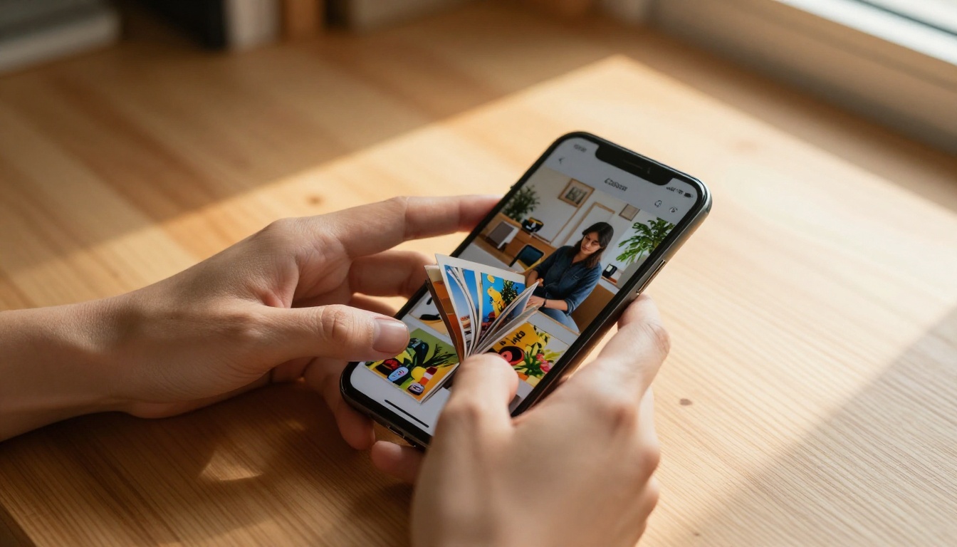 Close-up of hands holding a smartphone with a flipbook app open, page-flip animation visible, warm natural window light on wooden desk Close-up of hands holding a smartphone with a flipbook app open, page-flip animation visible, warm natural window light on wooden desk