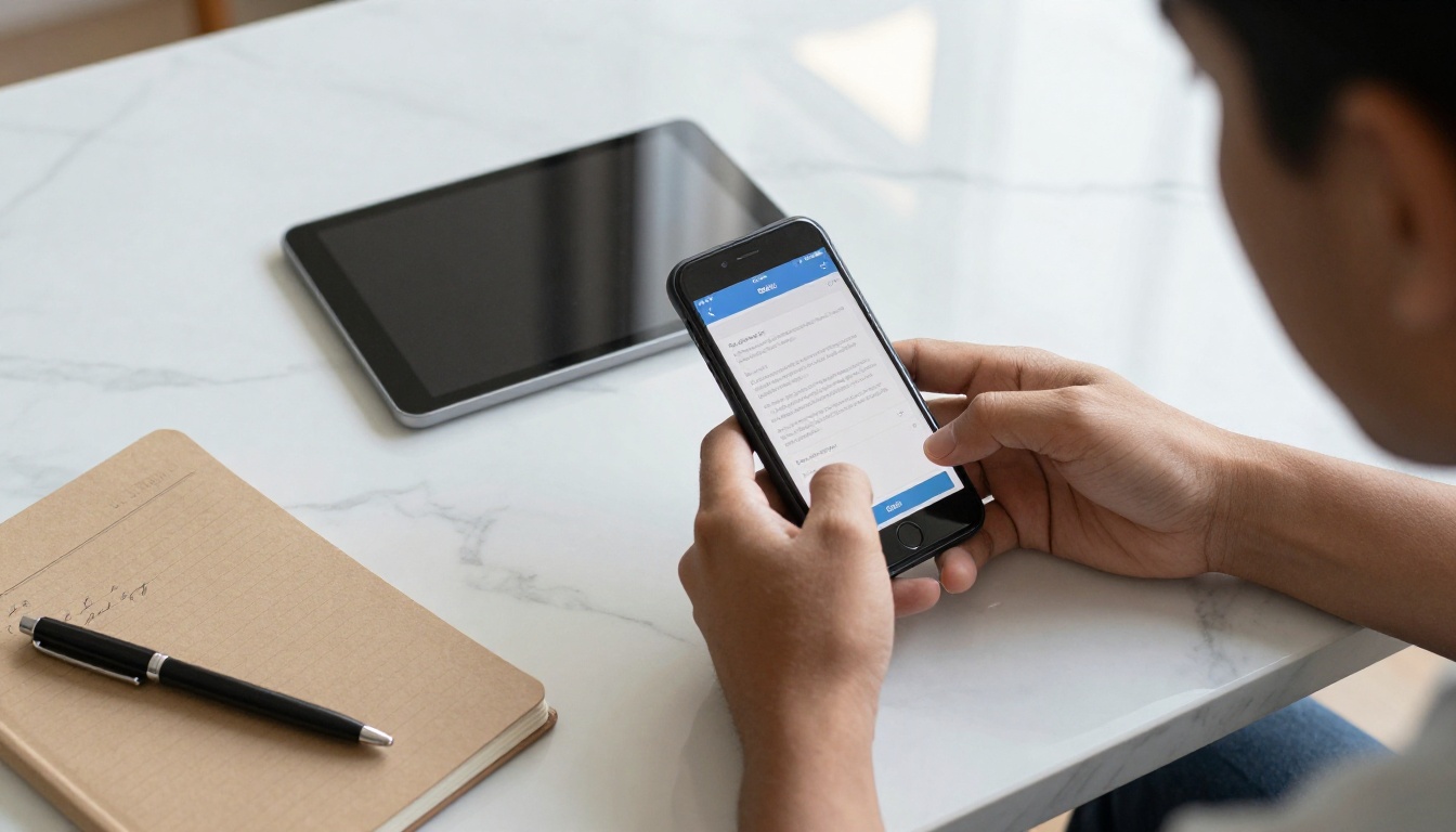 Aerial overhead view of hands uploading a PDF to a mobile app, smartphone and tablet on white marble desk with notebook and pen Aerial overhead view of hands uploading a PDF to a mobile app, smartphone and tablet on white marble desk with notebook and pen