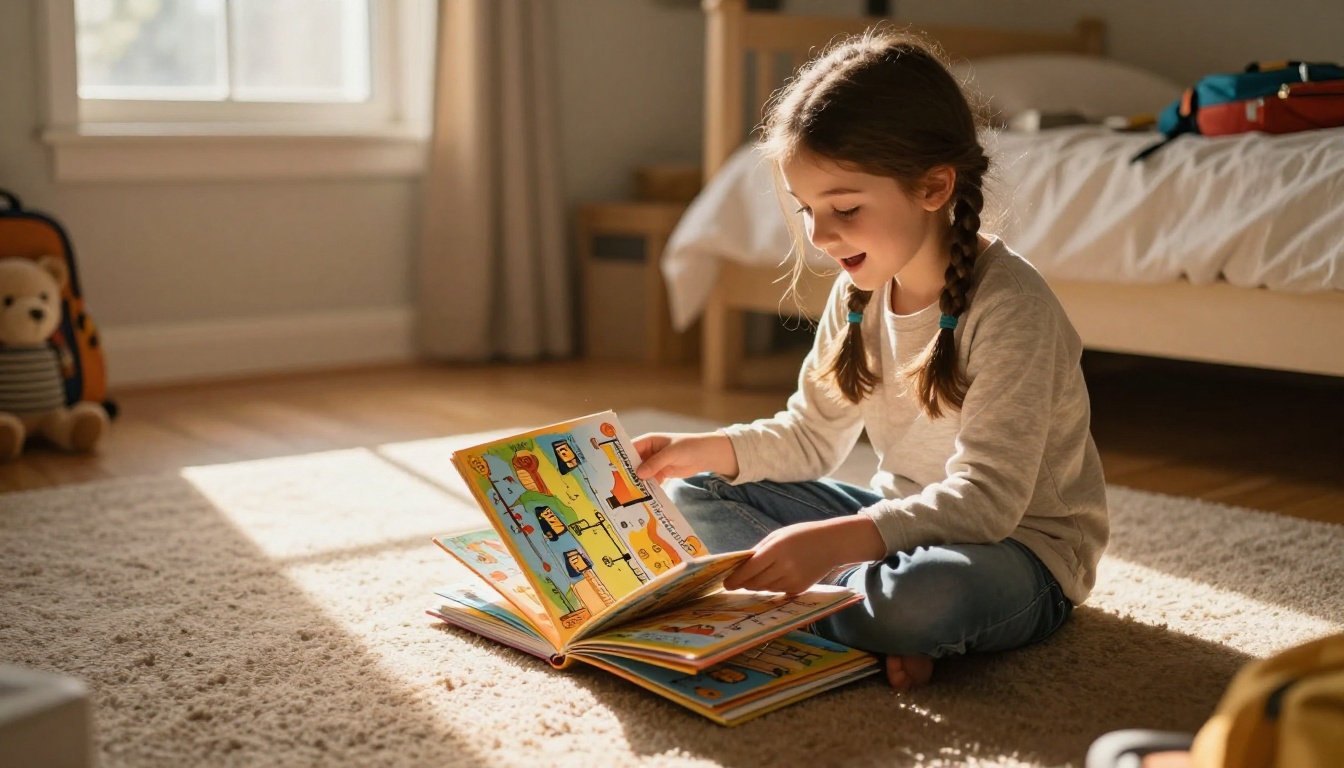 A young girl excitedly flipping through her history project flipbook