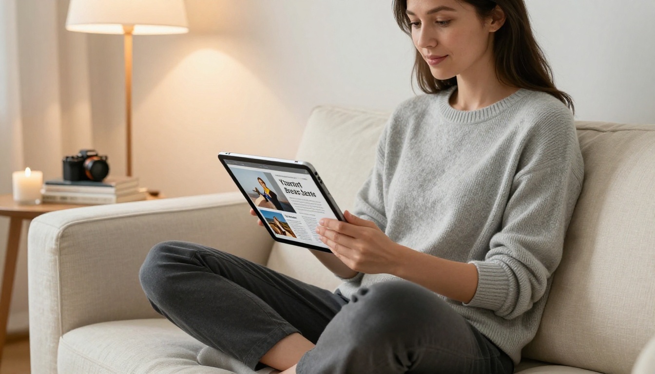 Woman sitting cross-legged on cream linen sofa reading interactive flipbook newsletter on iPad