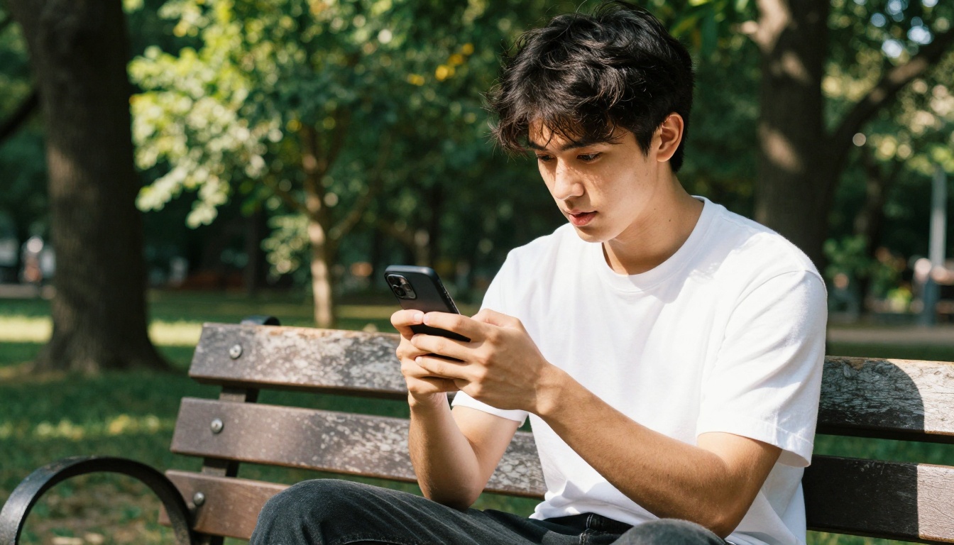 Young man on a park bench using his smartphone to scroll through a digital flipbook, dappled afternoon sunlight through trees Young man on a park bench using his smartphone to scroll through a digital flipbook, dappled afternoon sunlight through trees