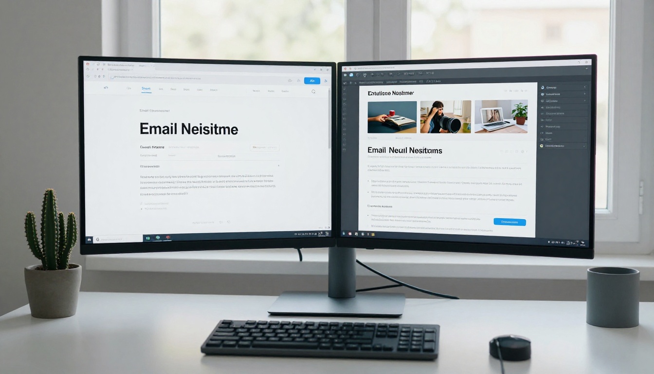 Ultrawide monitor showing side-by-side comparison of plain email newsletter versus polished interactive flipbook