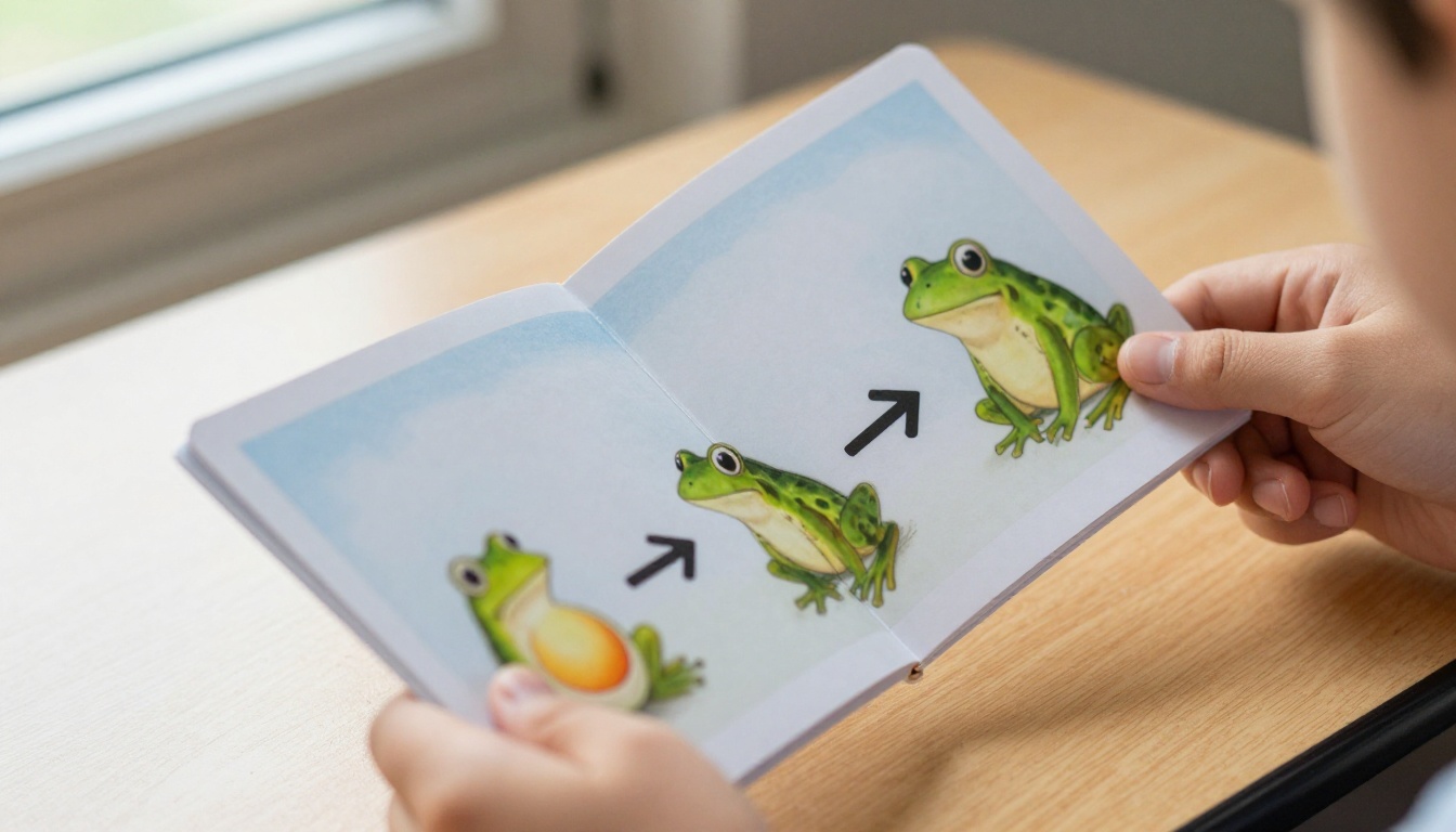 A child's hand flipping through pages of a frog life cycle flipbook