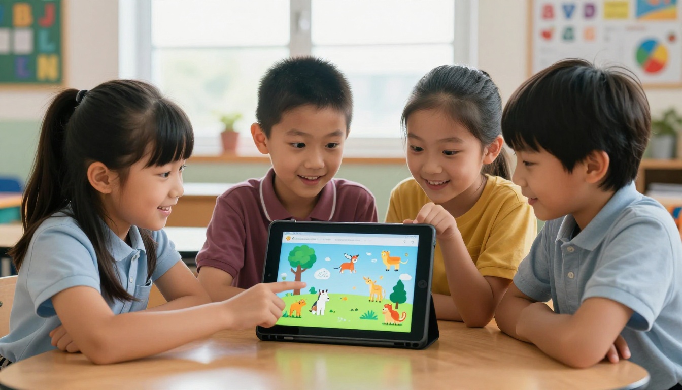 A group of children looking at a digital flipbook on a tablet together