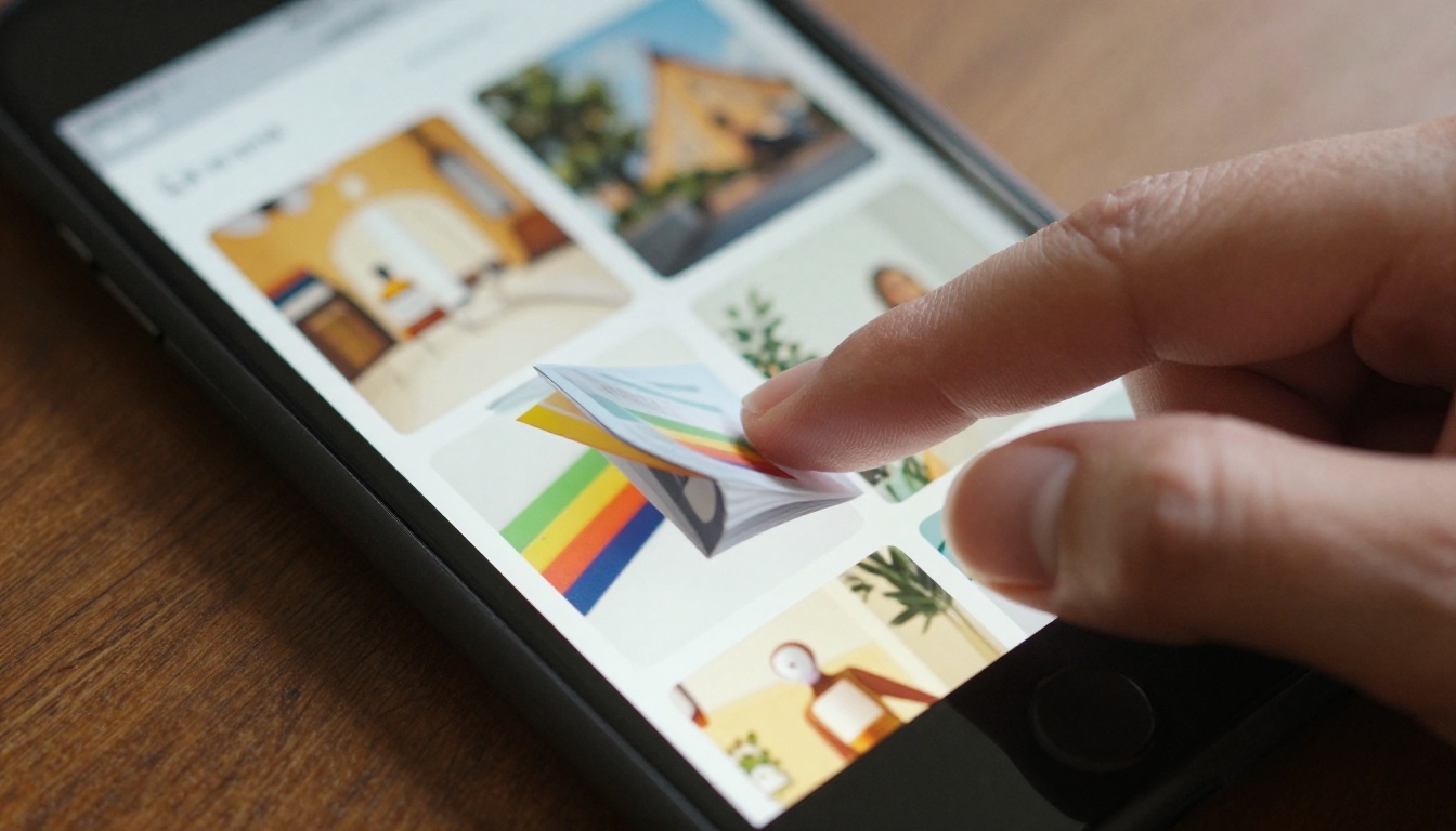 Extreme close-up of smartphone screen showing a product catalog flipbook mid-flip, thumb with natural skin texture about to swipe Extreme close-up of smartphone screen showing a product catalog flipbook mid-flip, thumb with natural skin texture about to swipe