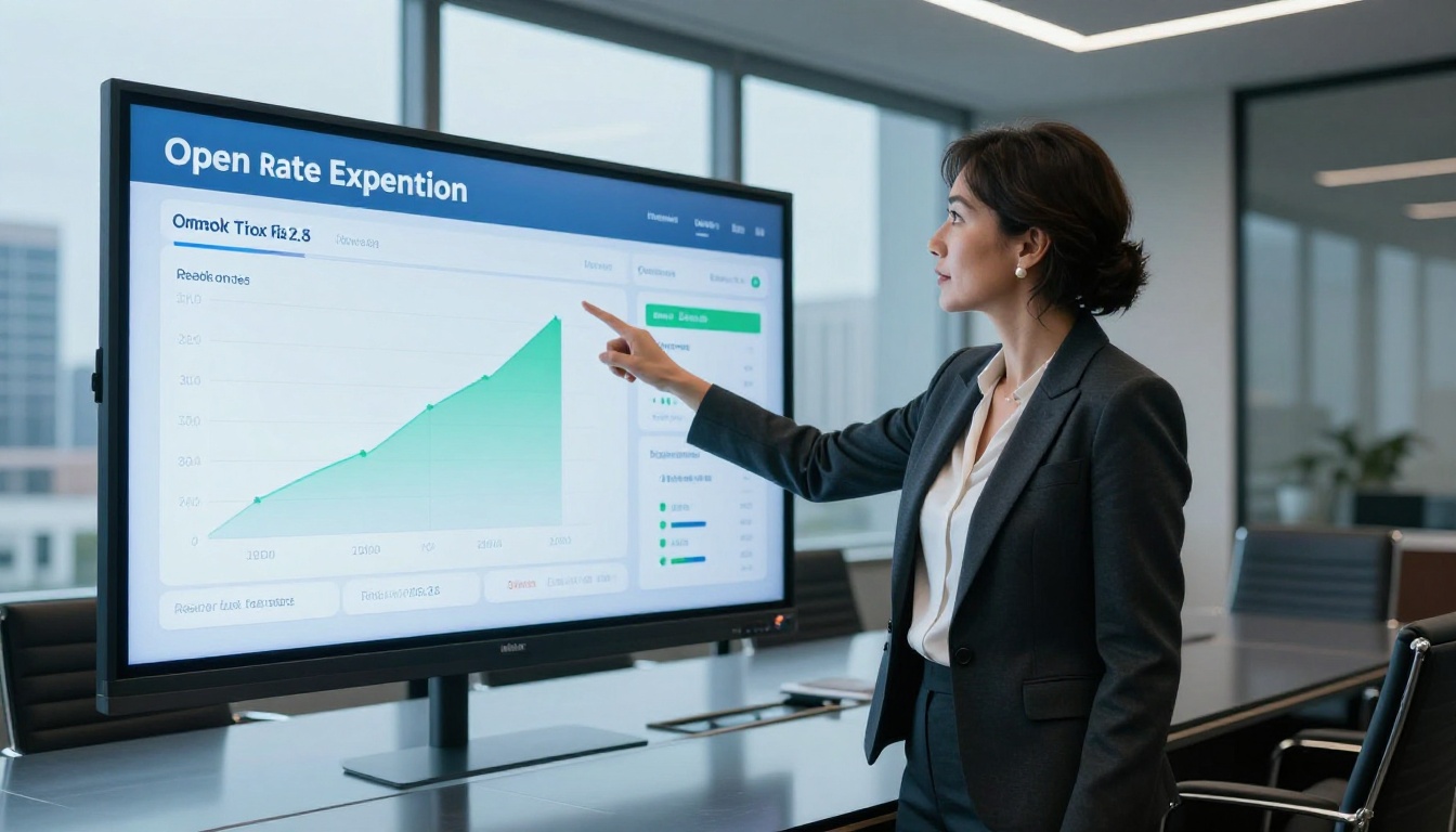 Businesswoman in tailored blazer presenting flipbook newsletter analytics dashboard in modern boardroom Businesswoman in tailored blazer presenting flipbook newsletter analytics dashboard in modern boardroom