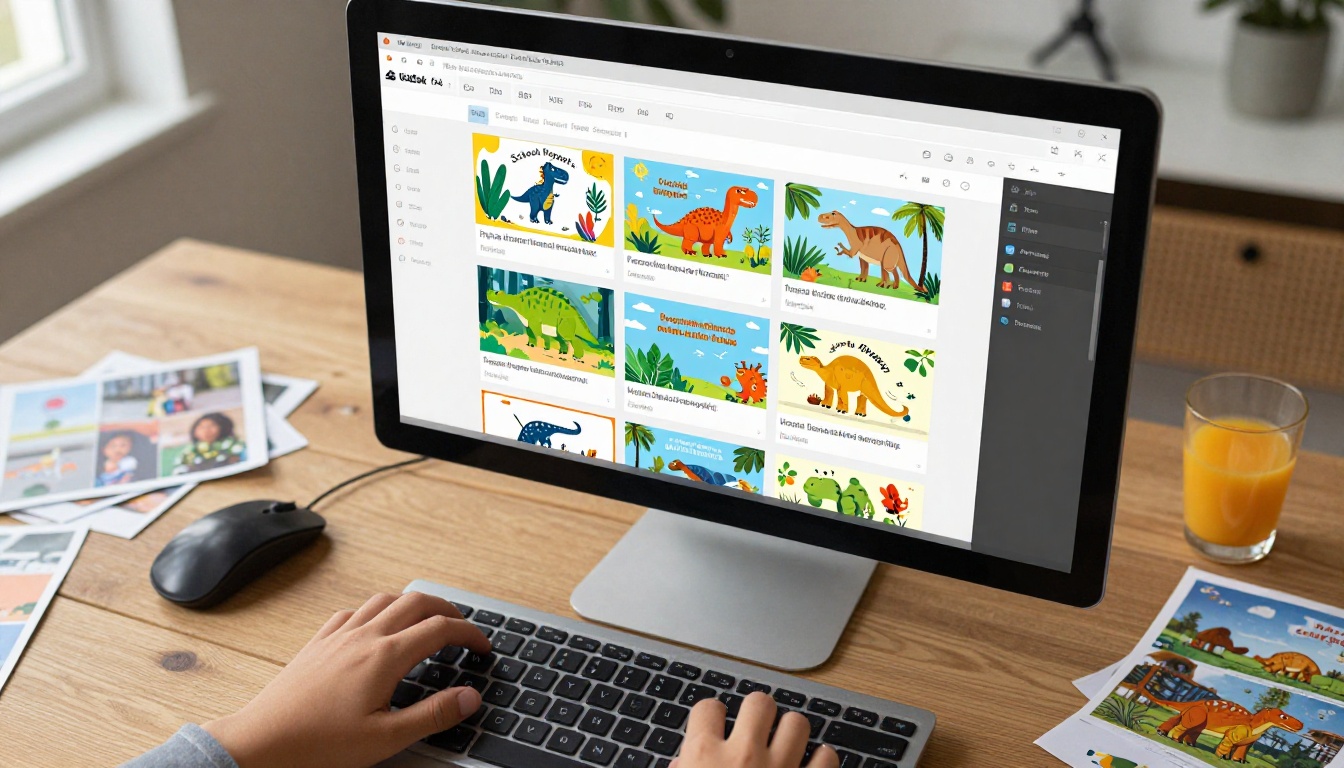 A child using a computer to design their school flipbook project