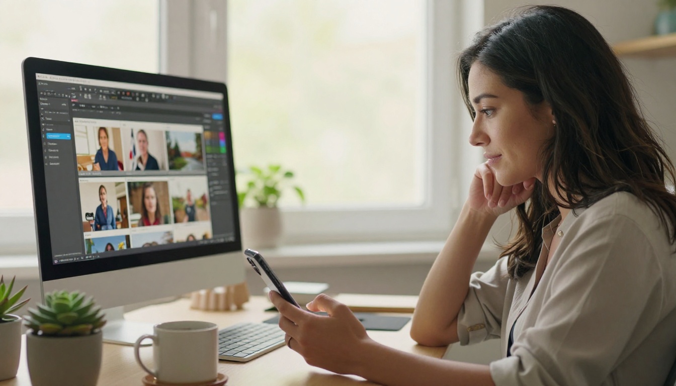 Woman in a bright home office holding a smartphone with flipbook mobile version, succulent plants and coffee mug on the desk Woman in a bright home office holding a smartphone with flipbook mobile version, succulent plants and coffee mug on the desk