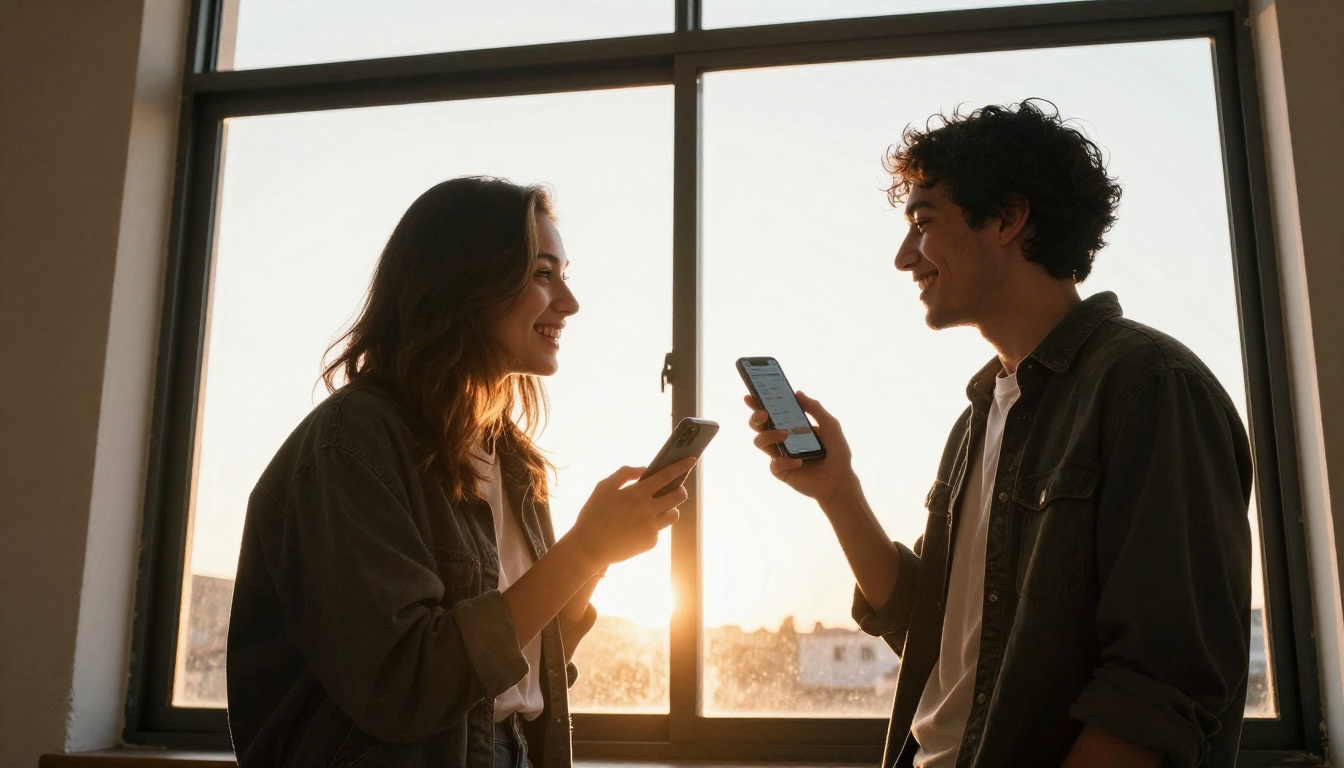 Two friends sharing a digital flipbook on a smartphone near a bright window, warm afternoon backlighting, natural smiles Two friends sharing a digital flipbook on a smartphone near a bright window, warm afternoon backlighting, natural smiles