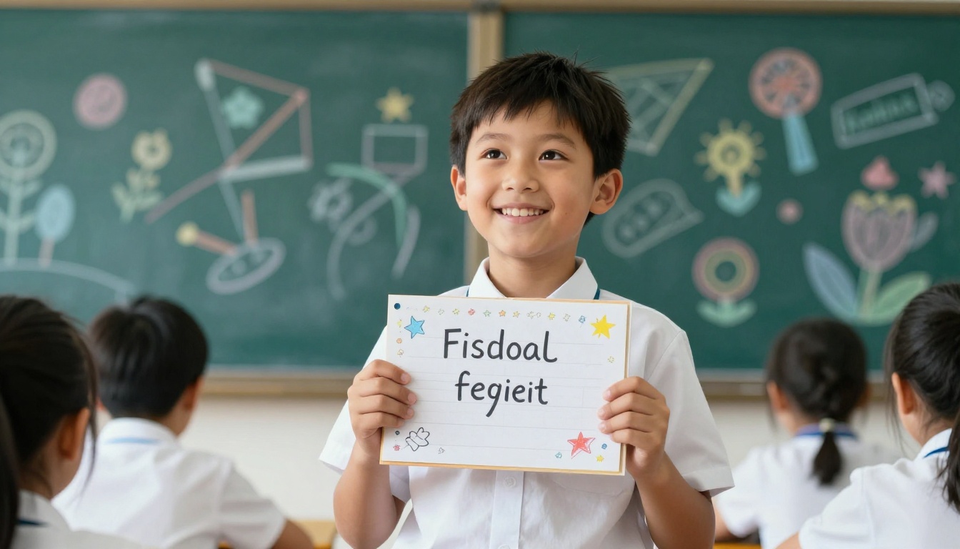 A proud boy holding up his completed school flipbook in front of a chalkboard