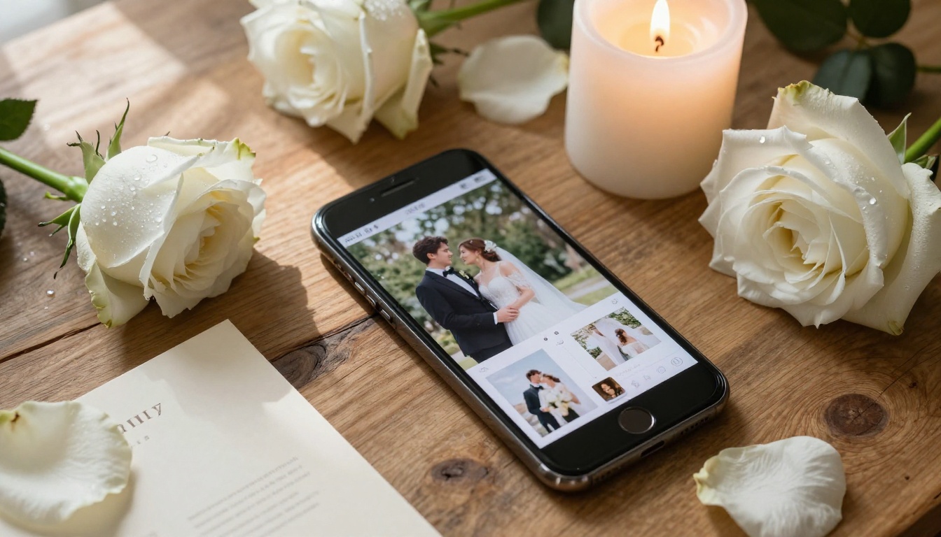 Flat lay of smartphone on wooden table displaying a wedding album flipbook, surrounded by white roses, candle, and elegant stationery Flat lay of smartphone on wooden table displaying a wedding album flipbook, surrounded by white roses, candle, and elegant stationery