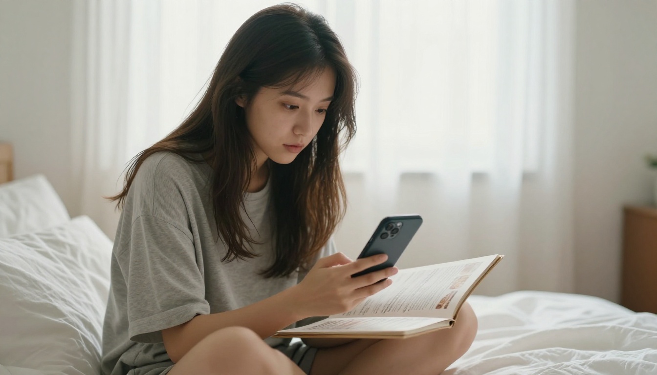 Woman sitting cross-legged on white linen bed, looking at a restaurant menu flipbook on her smartphone, soft morning light through sheer curtains Woman sitting cross-legged on white linen bed, looking at a restaurant menu flipbook on her smartphone, soft morning light through sheer curtains