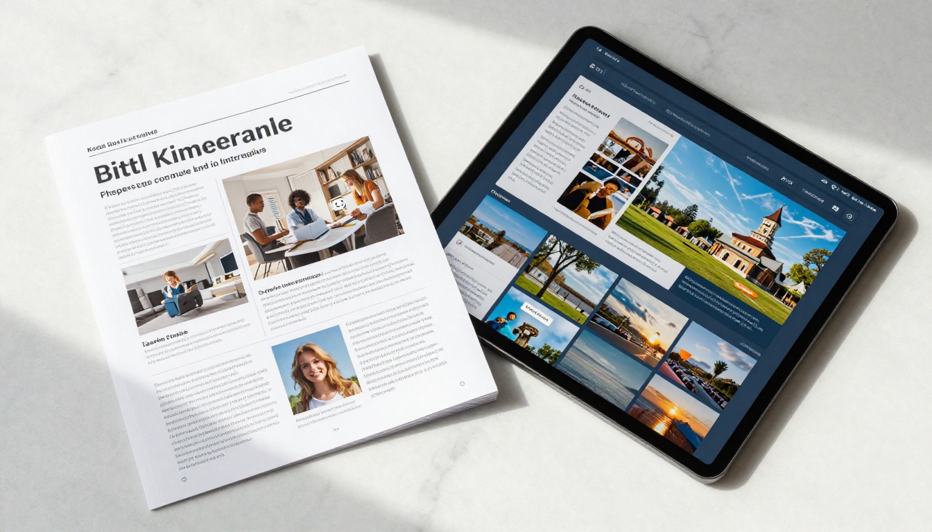 PDF brochure versus digital flipbook side by side on marble desk