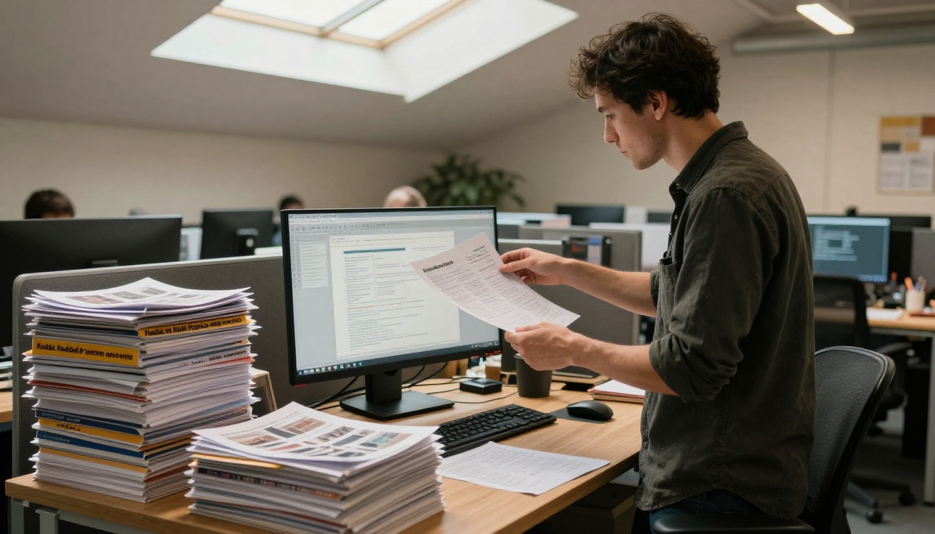 Marketing professional reviewing stacked PDF documents at standing desk
