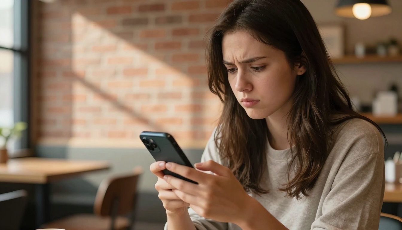 Young woman squinting at PDF on smartphone in cafe