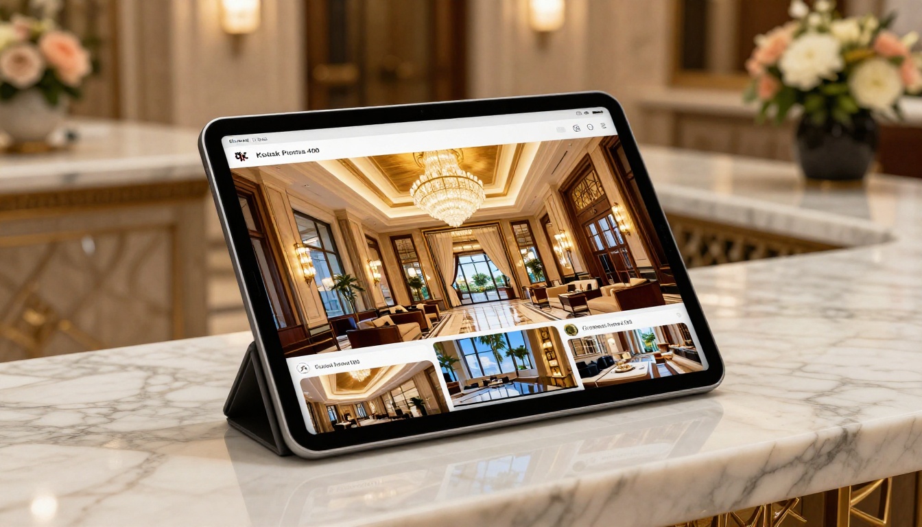 Luxury hotel digital flipbook on iPad at reception counter
