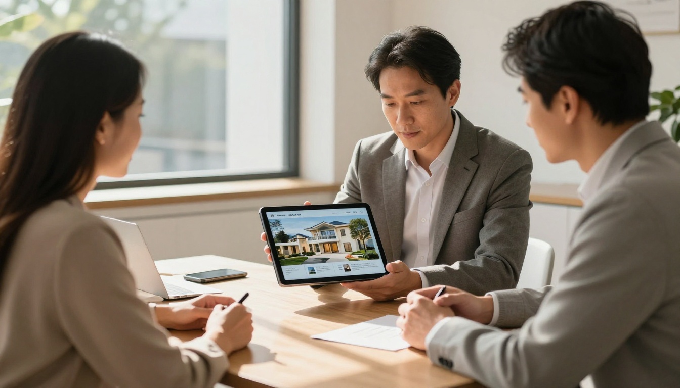 Real estate agent showing digital brochure on tablet to couple