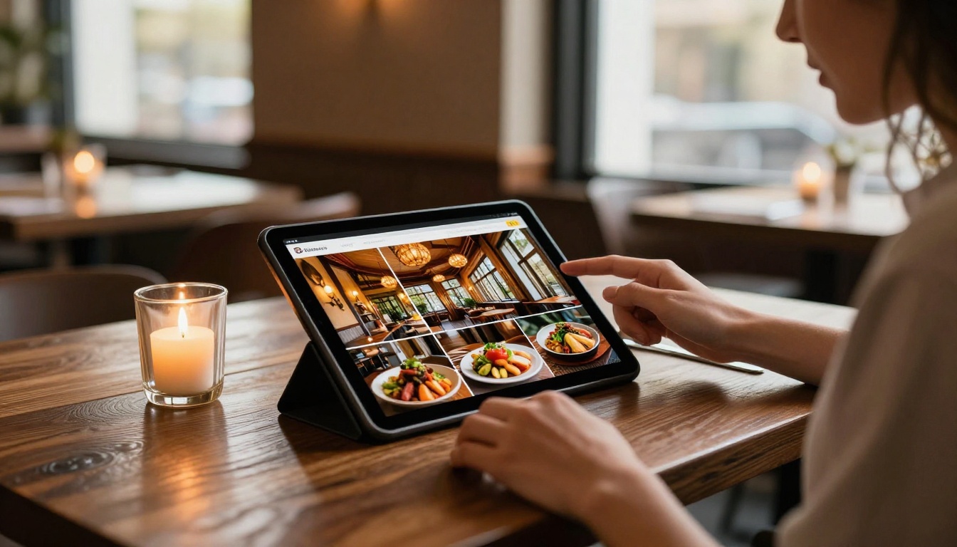 Restaurant owner browsing vivid digital menu on tablet at empty table