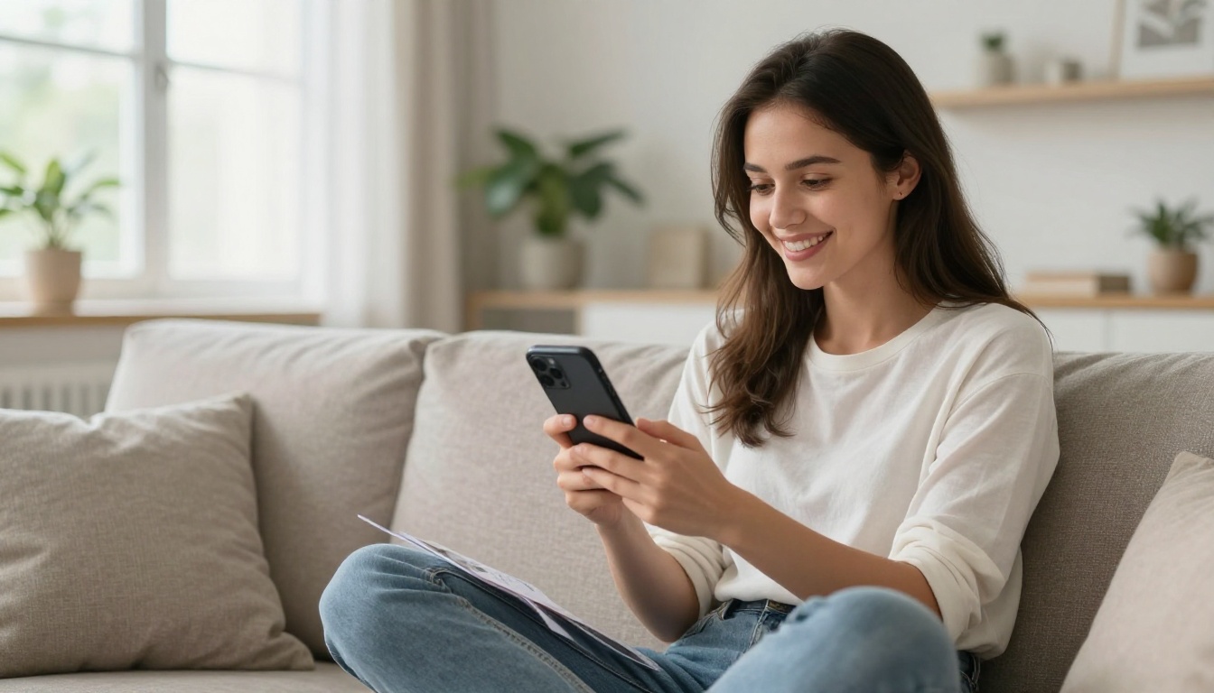 Woman smiling while sharing digital brochure link on smartphone