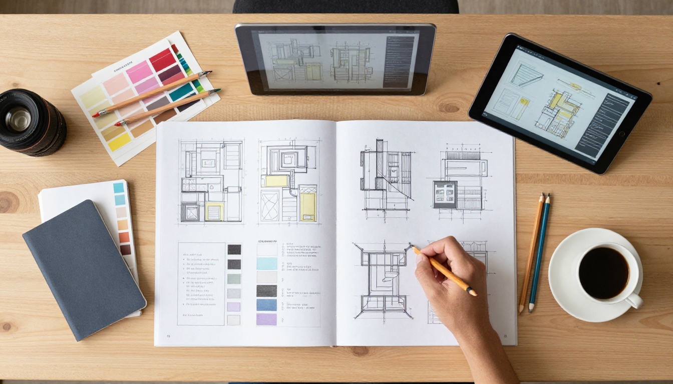 Designer's flat lay desk with brochure sketches, color swatches, and digital flipbook preview